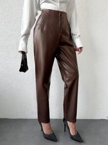 SHEIN Cottnline Women's Solid Color Pu Leather Pants - Mocha Brown - View 5