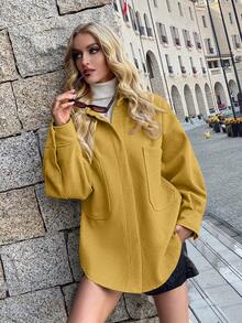 SHEIN Essnce 口袋設計落肩羊毛夾克 - 芥末黃 - 查看 3