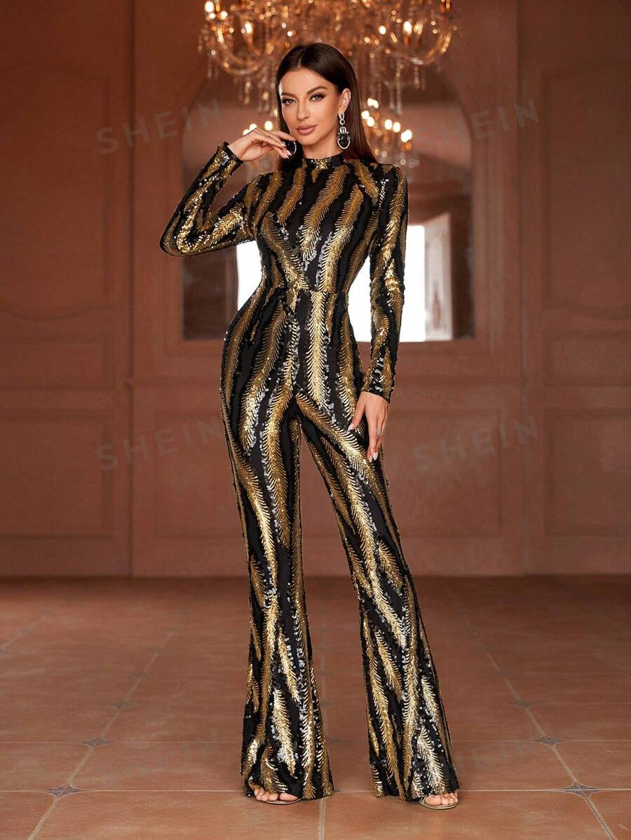 Kallan Black Mock Neck Sequin Jumpsuit