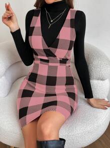 SHEIN Privé 女士格紋無袖連身裙 - 粉色 - 查看 1