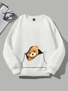 SHEIN Qutie In Gấu Lót nhiệt Áo nỉ - trắng - Xem 3