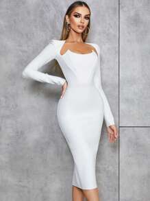 Split Back Shoulder Pad Bandage Dress - White - View 4
