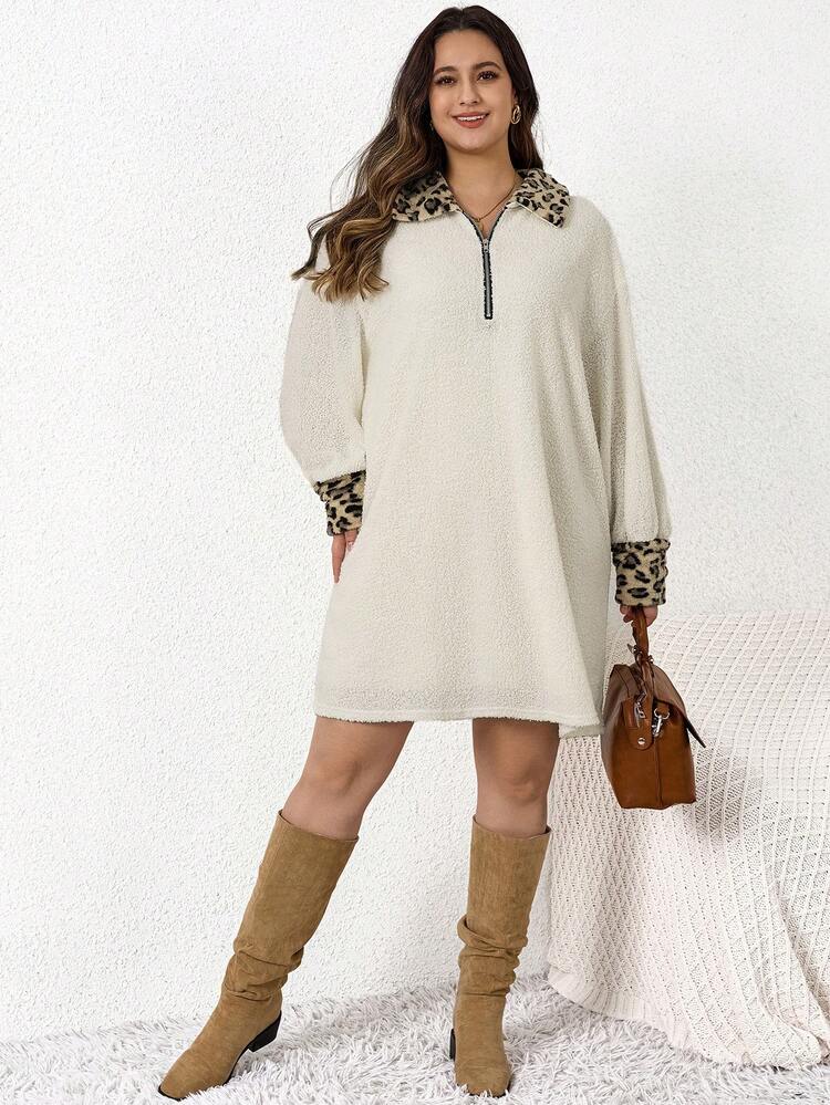 Plus Size Drop Shoulder Quarter Zip Color Block Shift Dress