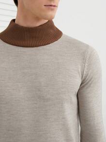 SHEIN Cottnline Men Contrast Trim Mock Neck Sweater - Camel - View 4