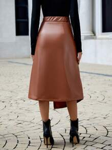 SHEIN Privé 素色側繫帶圍裹PU皮革半身裙 - 棕色 - 查看 2