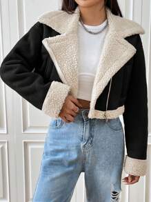 SHEIN EZwear Veste moto zippée pour femme avec col large doublée en teddy