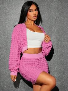 SHEIN SXY Solid Crop Jacket & Bodycon Skirt - Pink - View 3