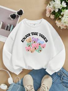 SHEIN Cô gái Tween Đồ họa chữ cái & Gấu Thả vai Lót nhiệt Áo nỉ - trắng - Xem 1