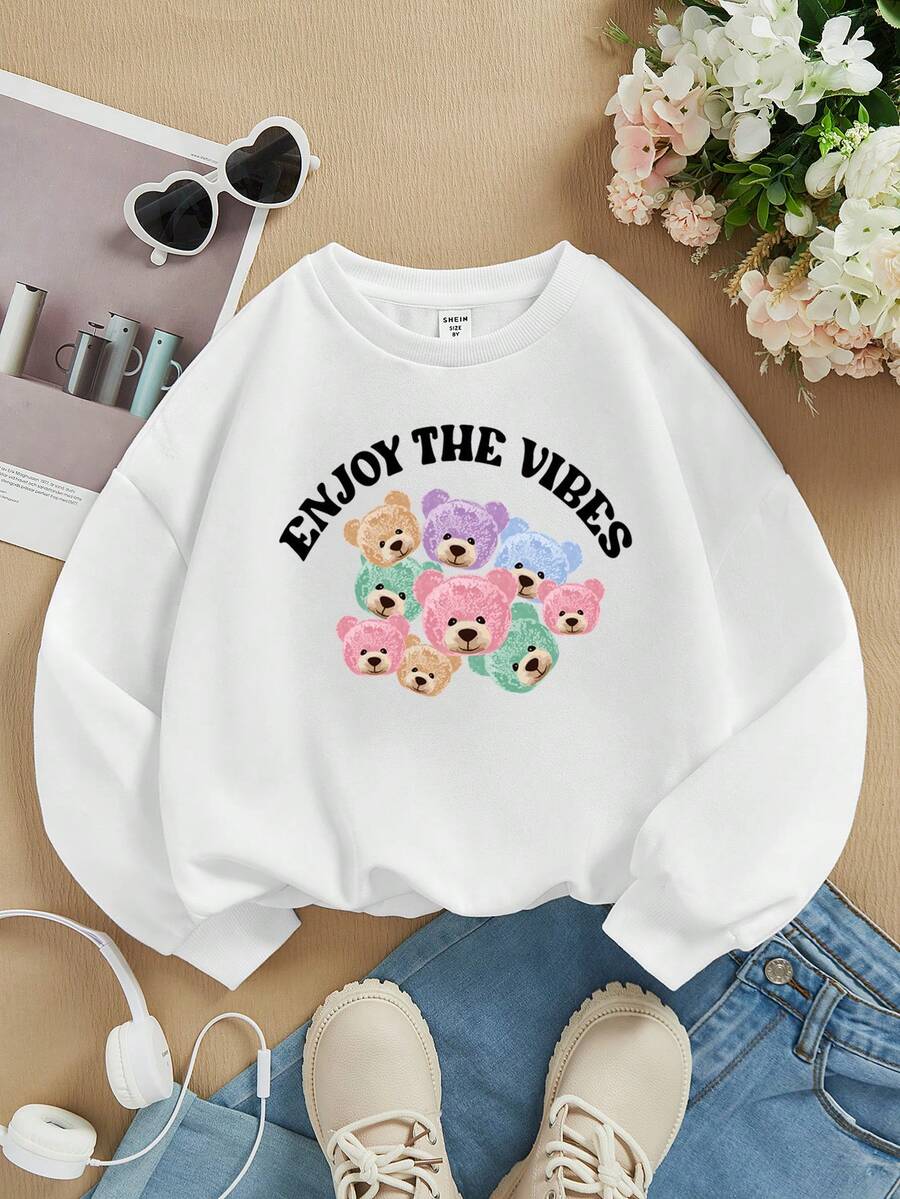 SHEIN Cô gái Tween Đồ họa chữ cái & Gấu Thả vai Lót nhiệt Áo nỉ - trắng - Xem 1