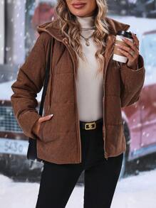 SHEIN LUNE Zipper & Drawstring Hooded Padded Padded Coat Clothes Winter - Brown - View 4