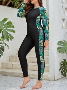 SHEIN Swim Curve 大碼保守式單片式泳衣,帶有熱帶印花 - 彩色 - 查看 1