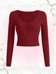 ROMWE 長袖t恤衫,設褶皺細節 - 酒紅色 - 查看 1