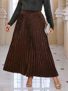 SHEIN Clasi Kích thước lớn Kim loại Mịn màng Xếp li Rộng chân Quần - màu nâu - Xem 2