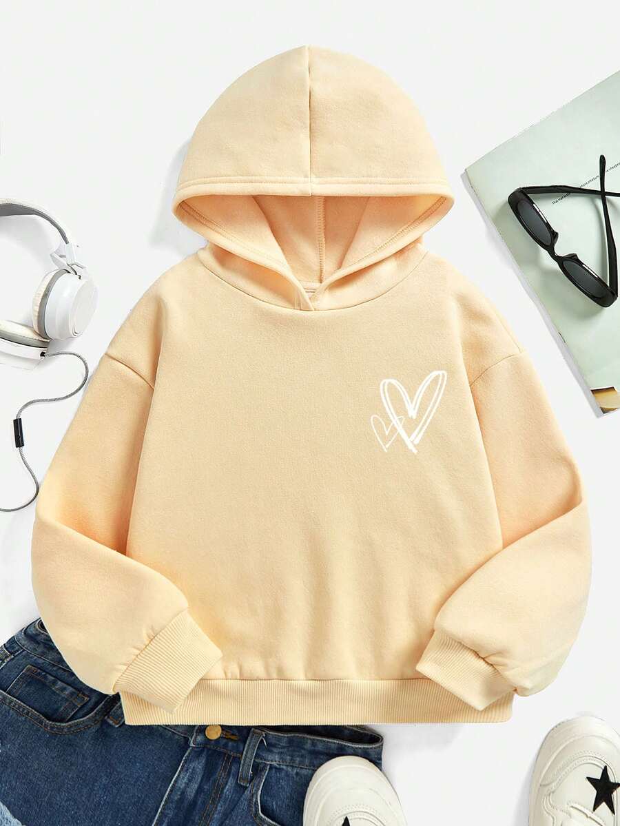 SHEIN 少女休闲爱心图案长袖抓绒卫衣,适合秋冬季穿着 - 米色 - 查看 1