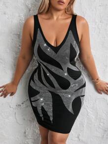 SHEIN SXY Plus Size Sequined Patchwork Bodycon Dress - Black - View 5