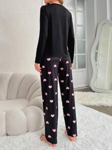 Conjunto De Pijama Con Estampado De Corazón Y Eslogan - Negro - Ver 2