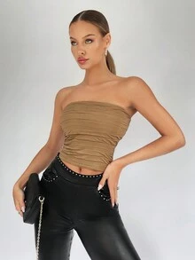 BizChic 紋理無肩帶緊身女士上衣 - 卡其色 - 查看 4