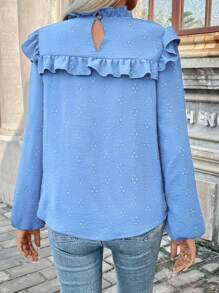 SHEIN Frenchy Của phụ nữ Ruffled Tay áo lồng đèn Áo sơ mi - Màu xanh nhạt - Xem 2