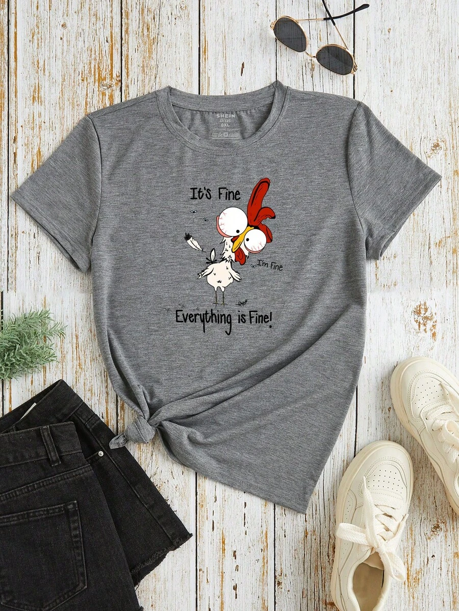 SHEIN Unity Plus Size Rooster Slogan Printed Short Sleeve T-shirt - Grey - View 1