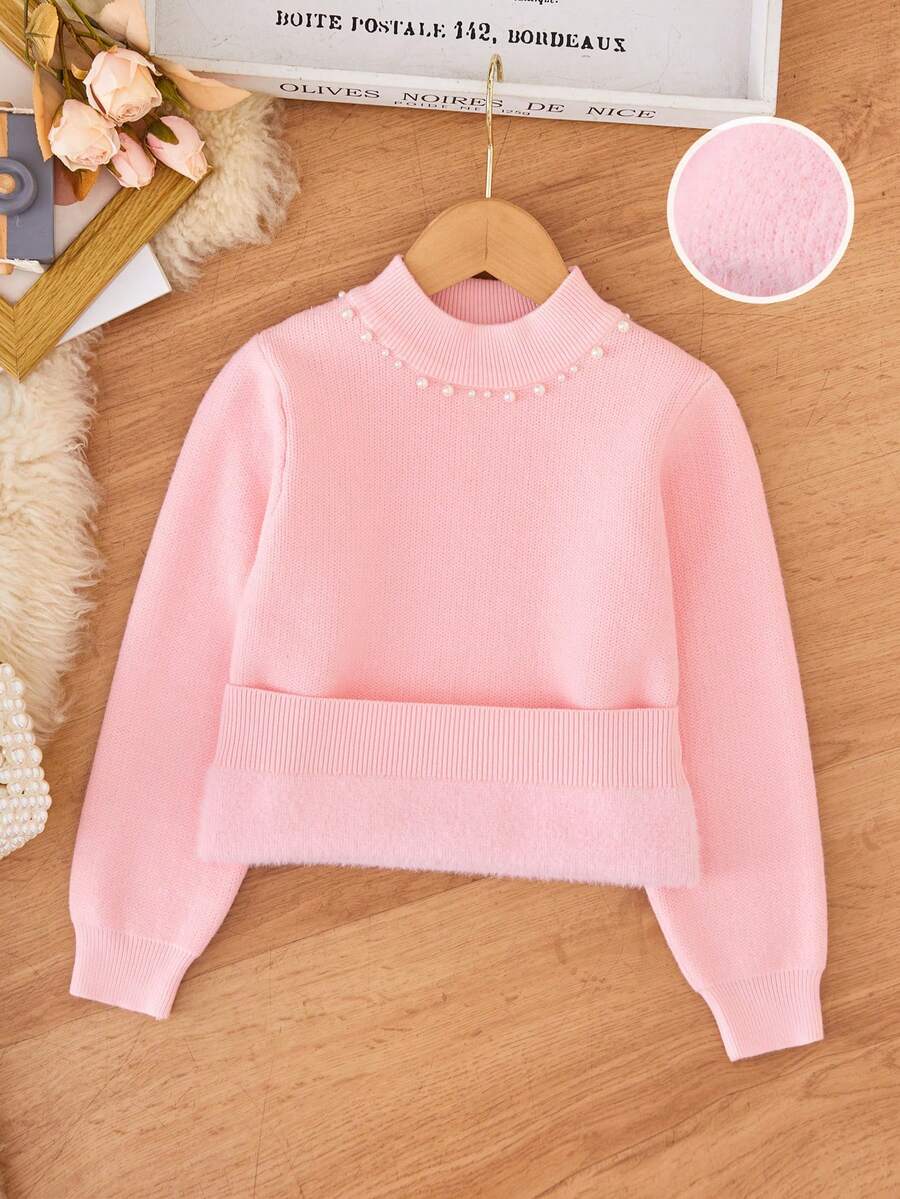 SHEIN 青少女高領珍珠釘毛衣 - 粉色 - 查看 1
