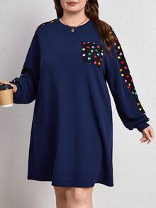 SHEIN LUNE Hơn In Trái tim Vá Túi Đầm - Màu xanh hải quân - Xem 3