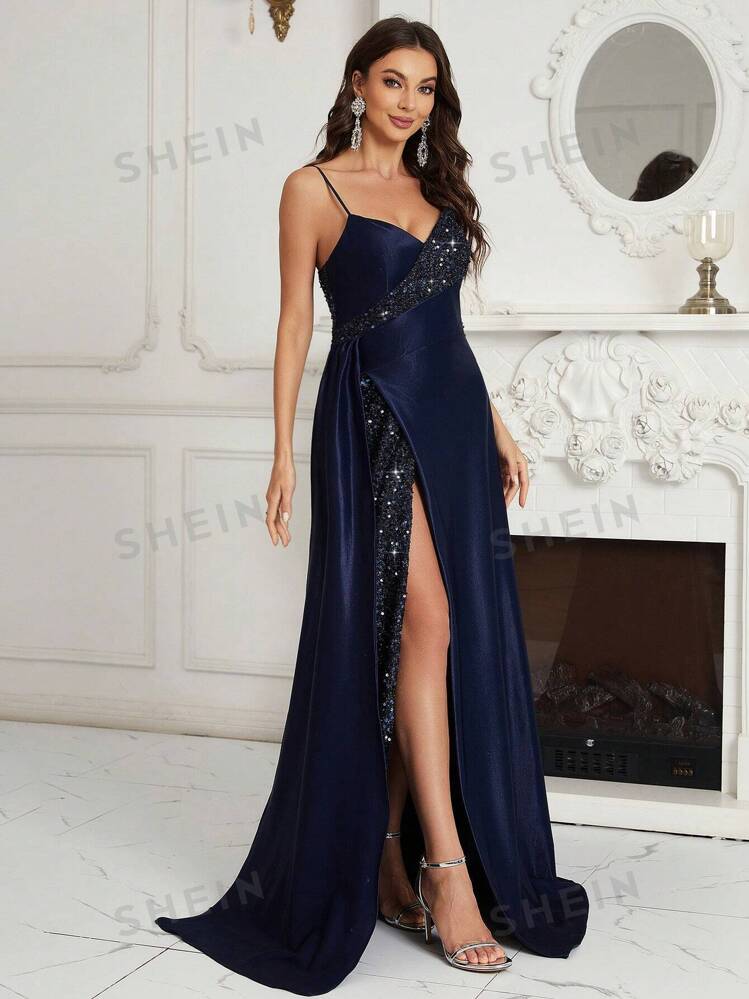 SHEIN Belle Robe De Soiree De Luxe Pour Femme Avec Bretelles A Paillettes Jupe Irreguliere A Grand Ourlet Et Taille Cintree modele Lourde Mode en ligne SHEIN FRANCE