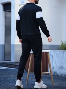 Manfinity Homme Men's Letter Print Color-block Two Piece Outfit - Black - View 2