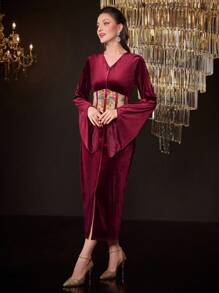 Modelyn Burgundy Red Velvet Long Bell Sleeve Midi Dress - Burgundy - View 6