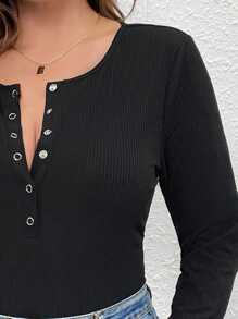 SHEIN LUNE Kích thước lớn Nút phía trước Sọc Áo liền quần chặt - màu đen - Xem 7