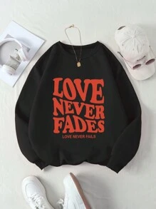 SHEIN EZwear 女士保暖衬里运动衫，配引文印花 - 黑色 - 查看 1