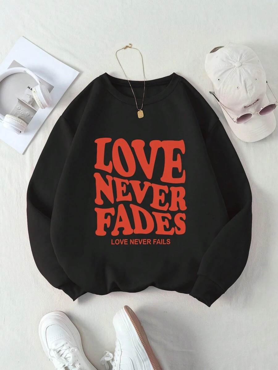 SHEIN EZwear 女士保暖衬里运动衫，配引文印花 - 黑色 - 查看 1