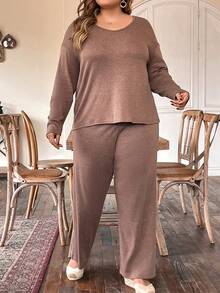 EMERY ROSE Women's Plus Size V-neck Drop Shoulder Two-piece Set - Rust Brown - View 3