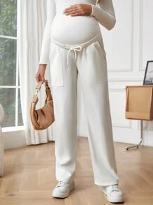 SHEIN Maternity Beige High Waisted Straight Leg Pants - Beige - View 6