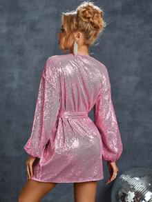 Rave V 領亮片閃亮腰帶燈籠袖正式場合派對迷你連身裙 - 粉色 - 查看 2