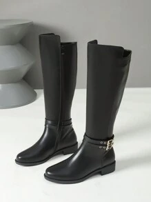 可搭配外套，女士时尚过膝长靴，黑色，金属扣装饰，侧拉链，百搭裙装紧身靴，冬季，圆头，粗跟，舒适女士长靴，派对装 - 黑色 - 查看 4