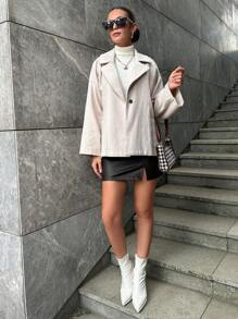 RueChic Lapel Neck Drop Shoulder Open Front Overcoat - Beige - View 4