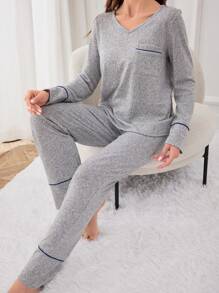 Của phụ nữ Dệt kim Thời gian rảnh rỗi Tay áo dài Áo Và Dài Quần Nhà  Mặc Bộ - Màu Xám nhạt - Xem 1