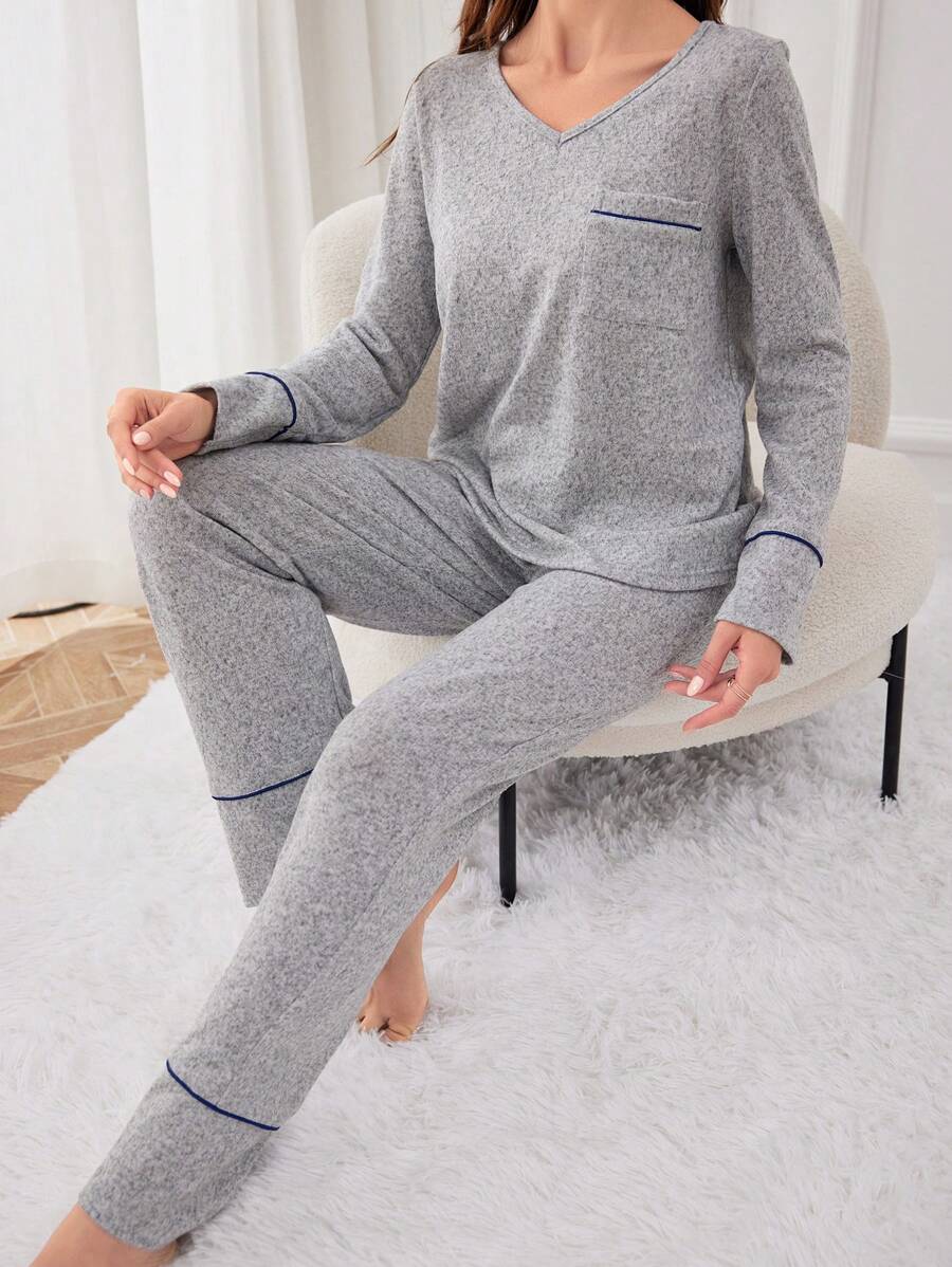 Của phụ nữ Dệt kim Thời gian rảnh rỗi Tay áo dài Áo Và Dài Quần Nhà  Mặc Bộ - Màu Xám nhạt - Xem 1