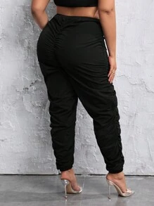 SHEIN SXY 大碼腰部抽繩褶邊長褲 - 黑色 - 查看 2