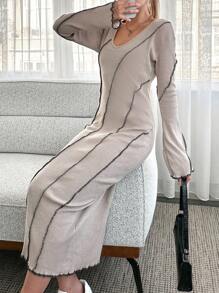 RueChic Robe À Surpiqûres À Ourlet Ondulé Fendu - Beige - Voir 4