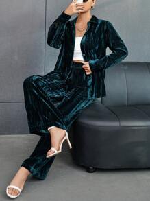 SHEIN Essnce 2入組女士鈕扣長袖衫和褲子套裝 - 墨綠色 - 查看 6