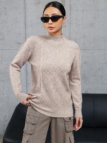 SHEIN Essnce 小高領麻花編織套頭毛衣 - 卡其色 - 查看 6