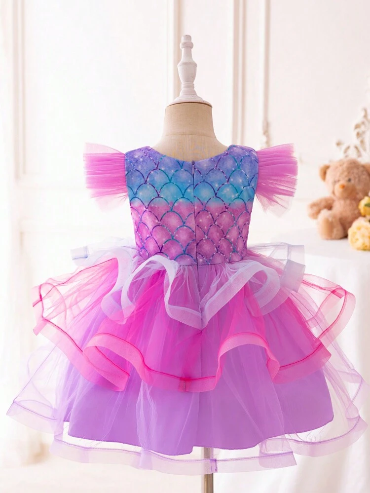 Young Girl Fish Scales Print Ruffle Trim Party Dress