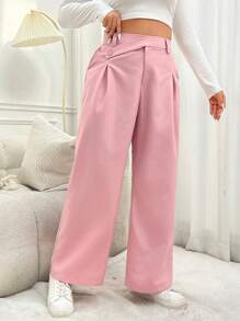 SHEIN EZwear Hơn Cao eo Chi tiết nếp Quần tây - Bụi hồng - Xem 3