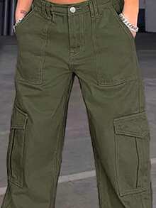 女士春季休闲直筒牛仔裤，带翻盖口袋 - 綠色 - 查看 4