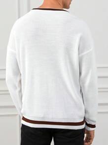 RueChic Men Striped Trim Drop Shoulder Sweater - White - View 2