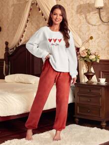 Women's Heart & Letter Printed Embroidered Furry Pajama Set - Multicolor - View 1