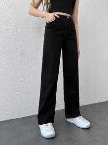 RueChic Black Regular Waist (Mid-Rise) Straight Leg Jeans With Pockets For Teen Girls - Black - View 4
