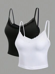 Flirla 2pcs Lace Trim Cami Top