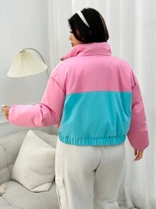 SHEIN EZwear 女士加大號彩色拼接拉鍊前垂肩夾克 - 彩色 - 查看 3